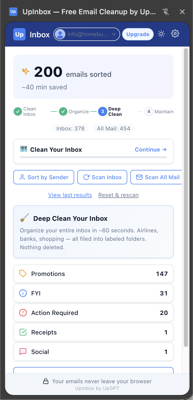 UpInbox inbox categories view showing Promotions, FYI, Action Required