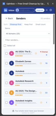 UpInbox sender scoring view with 25 senders ranked by cleanup priority
